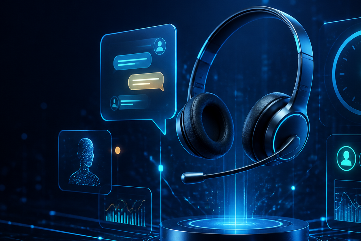 Centro de atención al cliente con IA disponible 24/7 conectado a chat, métricas y equipos