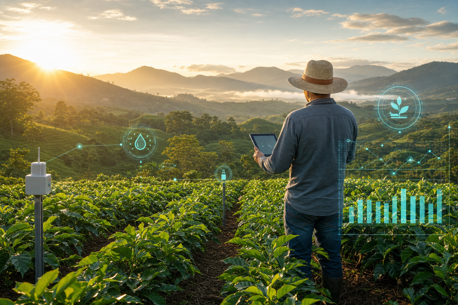 Productor consultando datos de agricultura de precisión en un cultivo colombiano