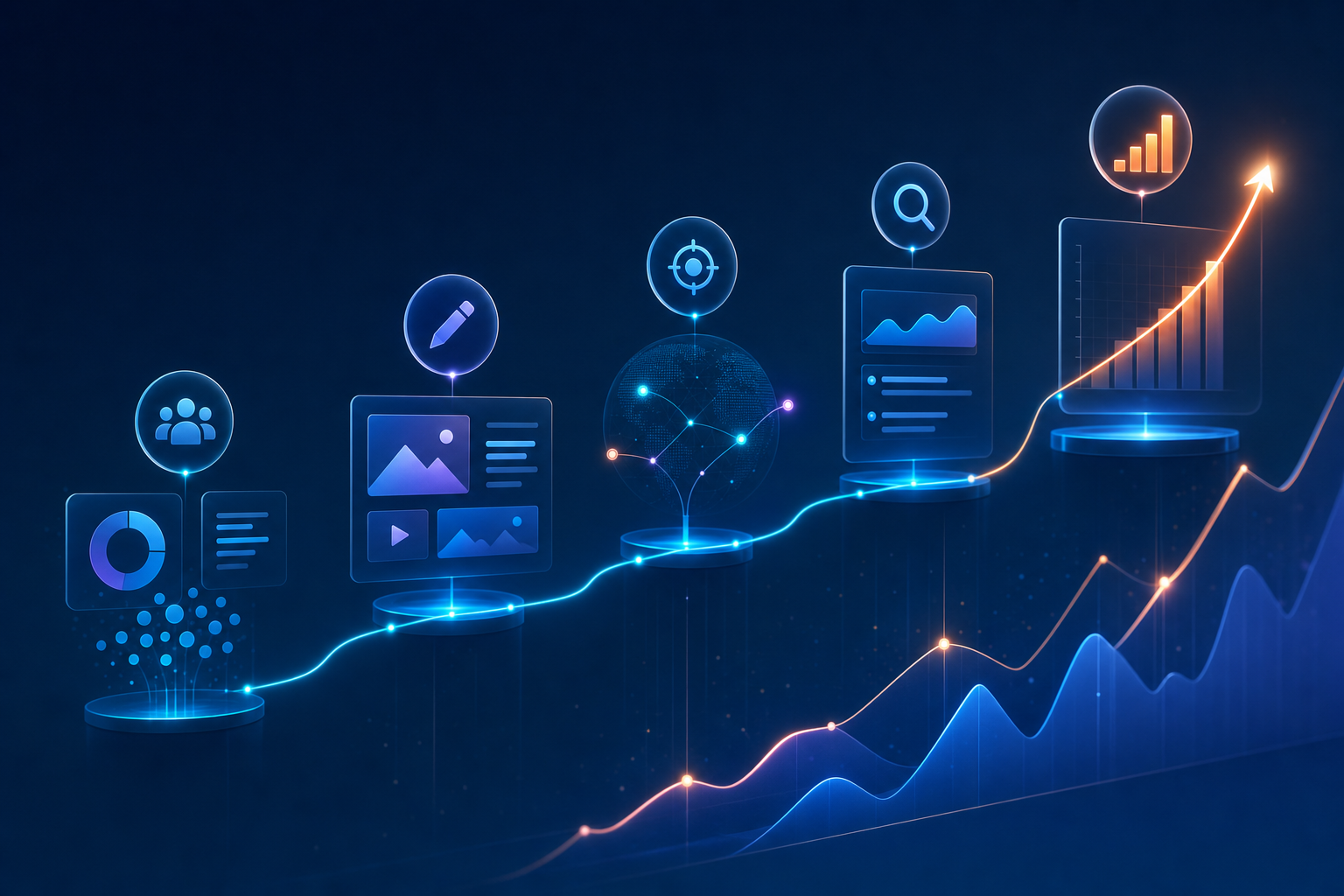 Estrategia de marketing digital representada como un recorrido de audiencia a crecimiento medible